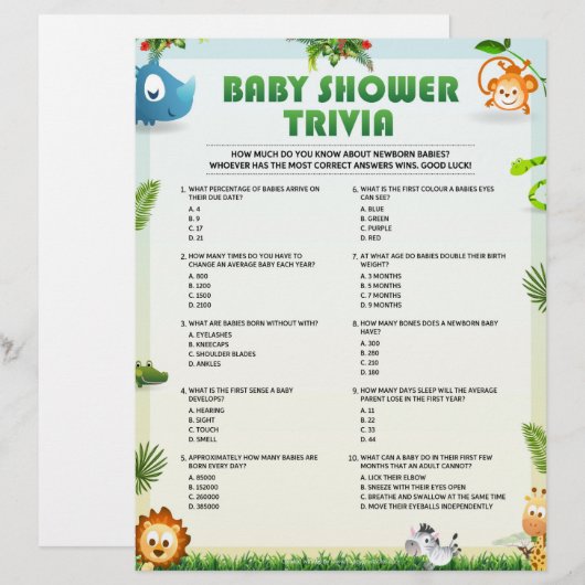 Baby shower Trivia Baby shower Game [Dierthema] Briefhoofd (Voorkant / Achterkant)