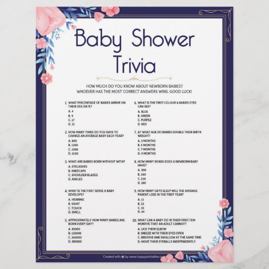 Baby shower Trivia [Floral Lijst] Briefhoofd (Voorkant)
