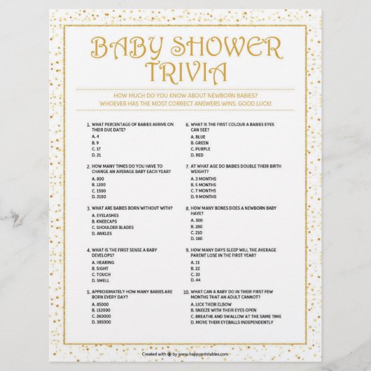 Baby shower Trivia [Golden Sparkles] Briefhoofd (Voorkant)