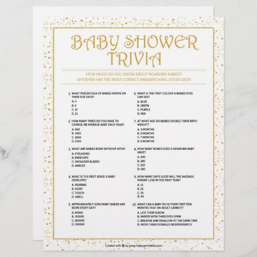 Baby shower Trivia [Golden Sparkles] Briefhoofd (Voorkant / Achterkant)