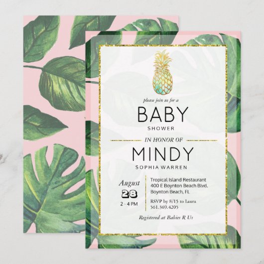 Baby shower Tropische Ananas Palm Invitation Kaart (Voorkant / Achterkant)