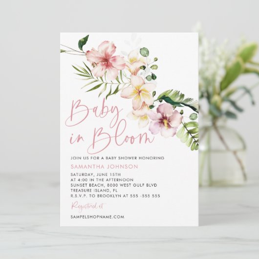 Baby shower Tropische bloemen, Baby in Bloom Kaart (Staand voorkant)