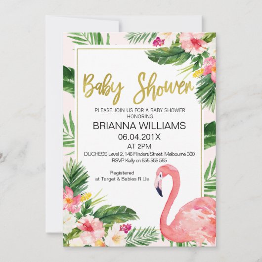 Baby shower Tropische Floral Flamingo Kaart (Voorkant)
