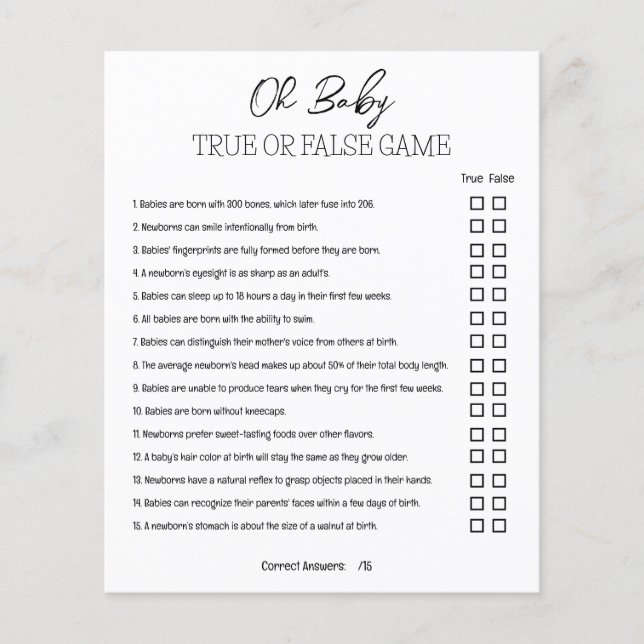 Baby Shower True or False Game (Voorkant)