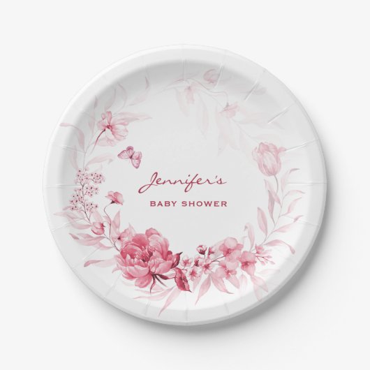 Baby shower Tuin Bloemen 7-in Roze Bloemen Papieren Bordje (Voorkant)