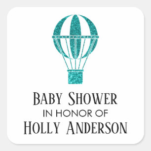 Baby Shower Turquoise Glitter Heet Luchtballon met Vierkante Sticker