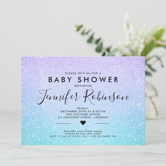 baby shower Turquoise Paarse Glitter Paint Kaart (Staand voorkant)