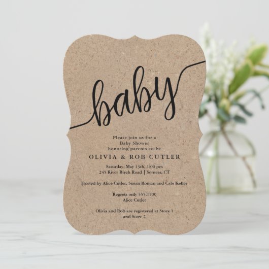 Baby shower TUSSENTIJDS Script Kraft Kaart (Staand voorkant)