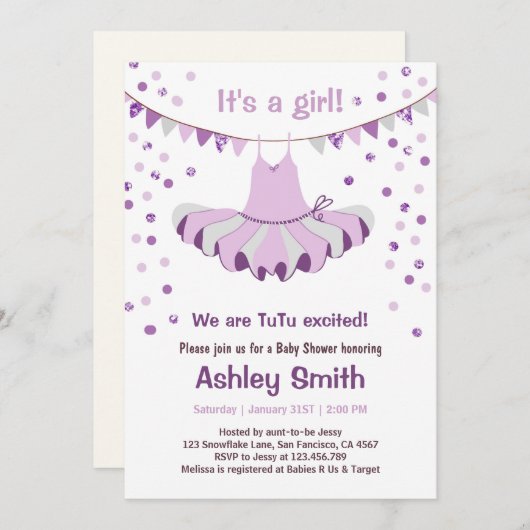 baby shower TuTu Paars Silver Uitnodiging (Voorkant / Achterkant)