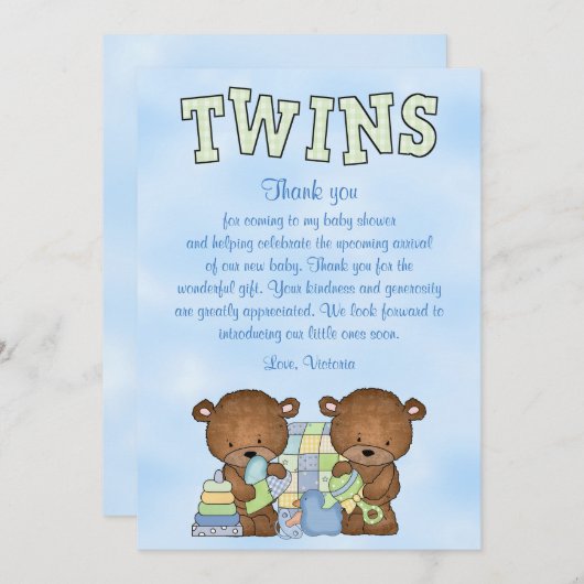 baby shower Twin Boys Teddy Bear Kaart (Voorkant / Achterkant)