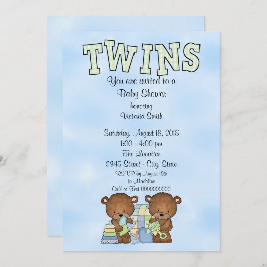 Baby shower Twin Boys Teddy Bear Kaart (Voorkant / Achterkant)