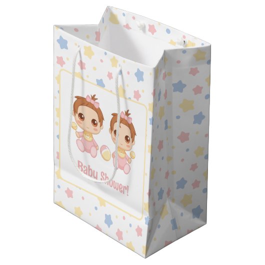 Baby shower Twin Girls Medium Cadeauzakje (Voorkant Gekanteld)