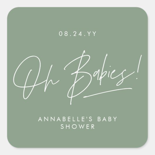 Baby shower Twin Moderne Sage Groen Elegant Vierkante Sticker (Voorkant)