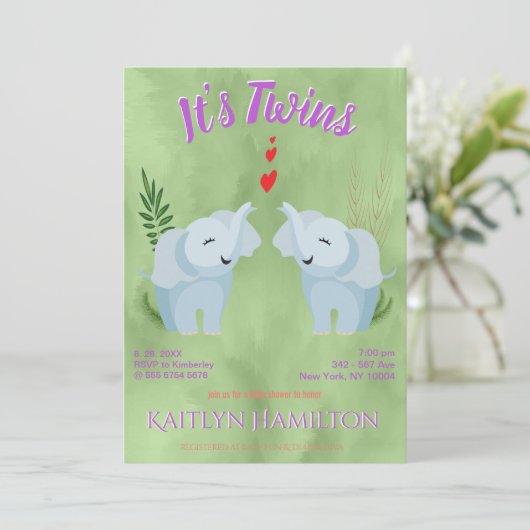 Baby shower Twins Elephant Kaart (Staand voorkant)