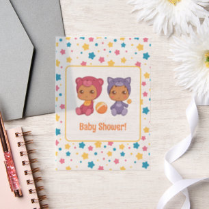 Baby shower Twins Kat Beer Sterren Dark Insert Vellum Uitnodigingen