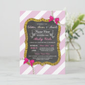 Baby shower Twins Roze Streep Glitter Meisjes Uitn Kaart (Staand voorkant)