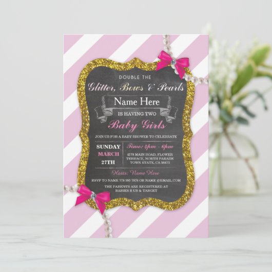 Baby shower Twins Roze Streep Glitter Meisjes Uitn Kaart (Staand voorkant)