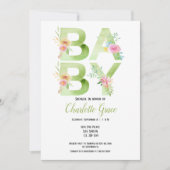 Baby shower Typografie Green Text Pink Flowers Kaart (Voorkant)