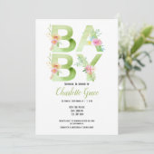 Baby shower Typografie Green Text Pink Flowers Kaart (Staand voorkant)