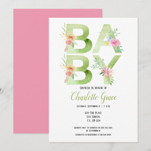 Baby shower Typografie Green Text Pink Flowers Kaart (Voorkant / Achterkant)