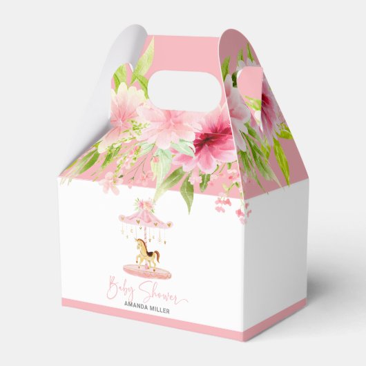 Baby shower Typografie Roze Bloemen Pony Carrousel Bedankdoosjes (Voorkant Zijde)