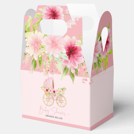 Baby shower Typografie Roze Bloemen Wandelwagen Bedankdoosjes (Geopend)