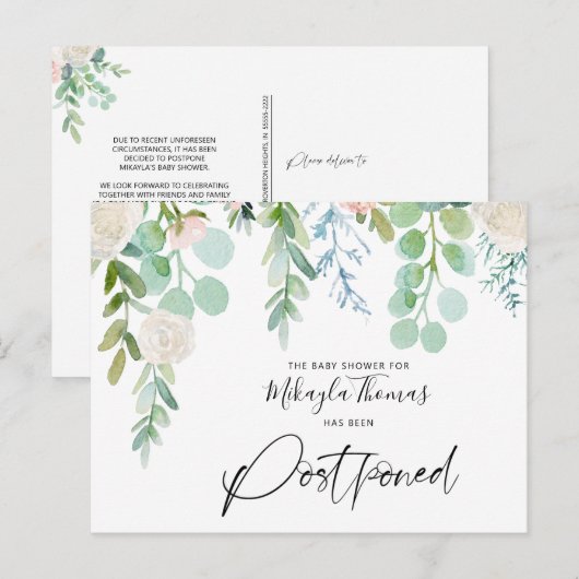 Baby shower uitgesteld Waterverf bloemengroen Aankondigingskaart (Voorkant / Achterkant)