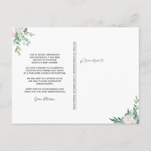 Baby shower uitgesteld Waterverf bloemengroen Aankondigingskaart (Achterkant)