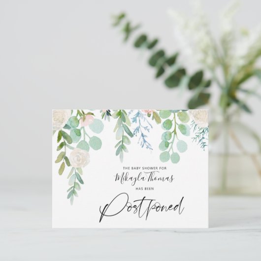 Baby shower uitgesteld Waterverf bloemengroen Aankondigingskaart (Staand voorkant)