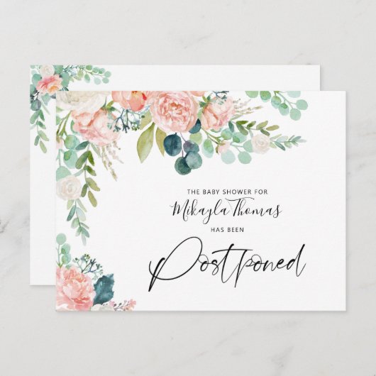 Baby shower Uitgestelde Datum Blush Pink Floral Aankondigingskaart (Voorkant / Achterkant)