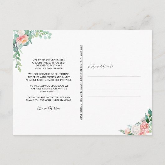Baby shower Uitgestelde Datum Blush Pink Floral Aankondigingskaart (Achterkant)