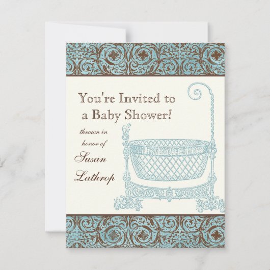Baby shower Uitnodigen - Blauw Bruin Damask Cradle Kaart (Voorkant)
