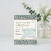 Baby shower Uitnodigen - Blauw Bruin Damask Cradle Kaart (Staand voorkant)