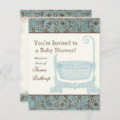 Baby shower Uitnodigen - Blauw Bruin Damask Cradle Kaart (Voorkant / Achterkant)