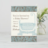 Baby shower Uitnodigen - Blauw Bruin Damask Cradle Kaart (Staand voorkant)