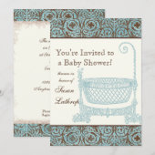 Baby shower Uitnodigen - Blauw Bruin Damask Cradle Kaart (Voorkant / Achterkant)