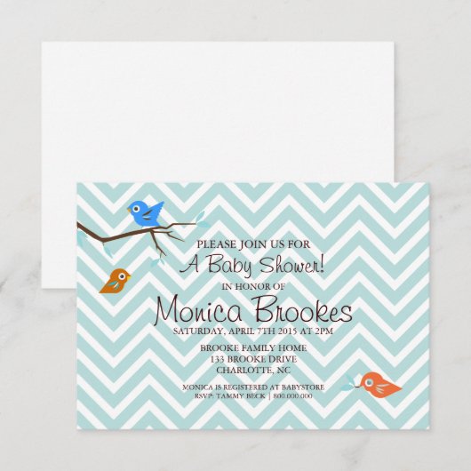 Baby shower uitnodigen | Little Birdie Chevron Kaart (Voorkant / Achterkant)