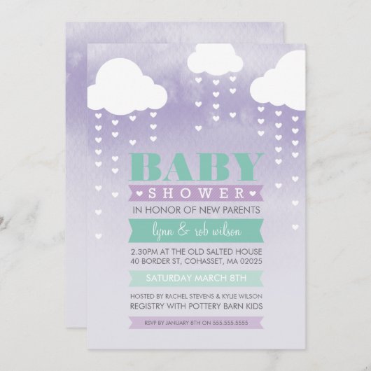 BABY SHOWER UITNODIGEN ombre waterverf mint paarse Kaart (Voorkant / Achterkant)