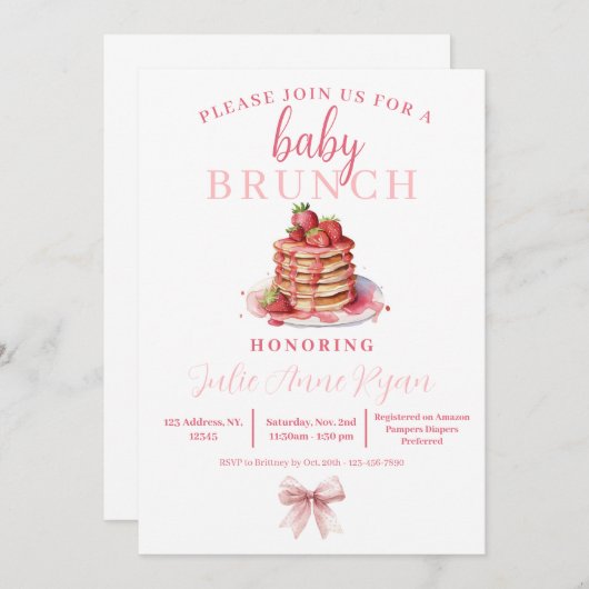 Baby shower Uitnodigen - Roze Bow Brunch! Kaart (Voorkant / Achterkant)