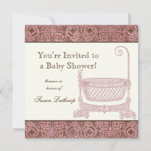 Baby shower Uitnodigen - Roze Bruin Damask Cradle Kaart
