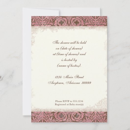 Baby shower Uitnodigen - Roze Bruin Damask Cradle Kaart (Achterkant)