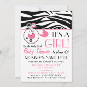 baby shower uitnodigen - Roze dunne pins en zebra Kaart (Voorkant)