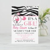 baby shower uitnodigen - Roze dunne pins en zebra  Kaart (Staand voorkant)