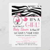 baby shower uitnodigen - Roze dunne pins en zebra  Kaart (Voorkant / Achterkant)