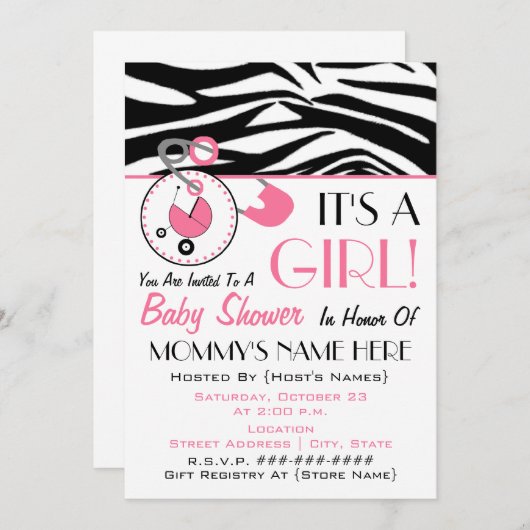 baby shower uitnodigen - Roze dunne pins en zebra Kaart (Voorkant / Achterkant)