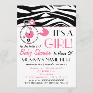 baby shower uitnodigen - Roze dunne pins en zebra  Kaart