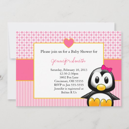 baby shower Uitnodiging - Baby Penquin Heart Girl (Voorkant)