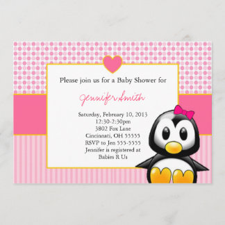 baby shower Uitnodiging - Baby Penquin Heart Girl