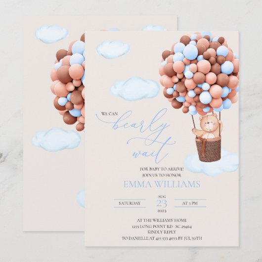 Baby Shower Uitnodiging Beer blauwe Beer kan bijna (Voorkant / Achterkant)