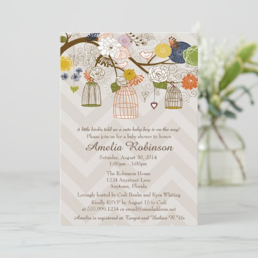 Baby shower Uitnodiging, Bird Cages Tree Bold Colo Kaart (Staand voorkant)